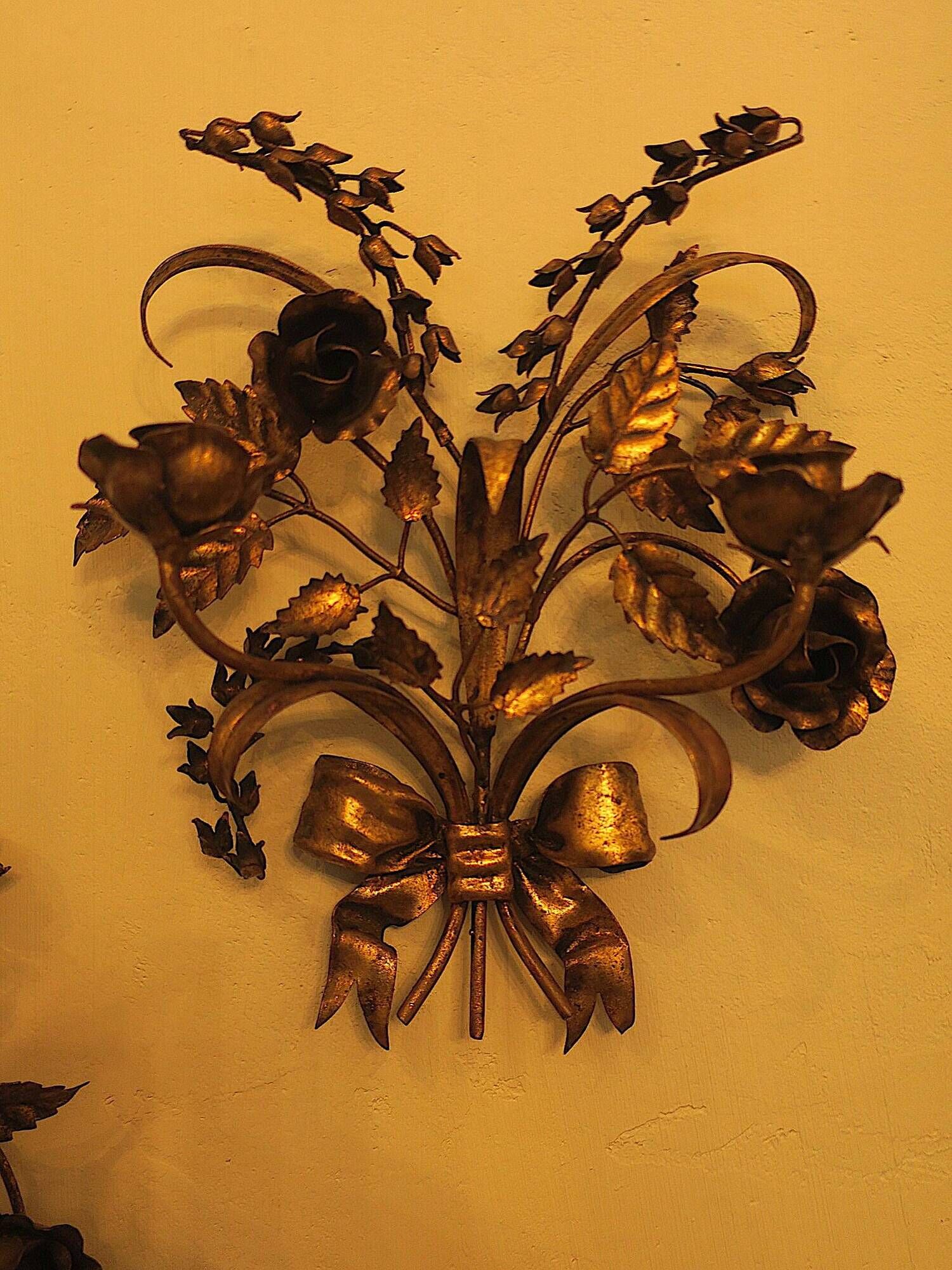 Pair of gold plated wall double candleholders with roses by Hans Kögl, 1960