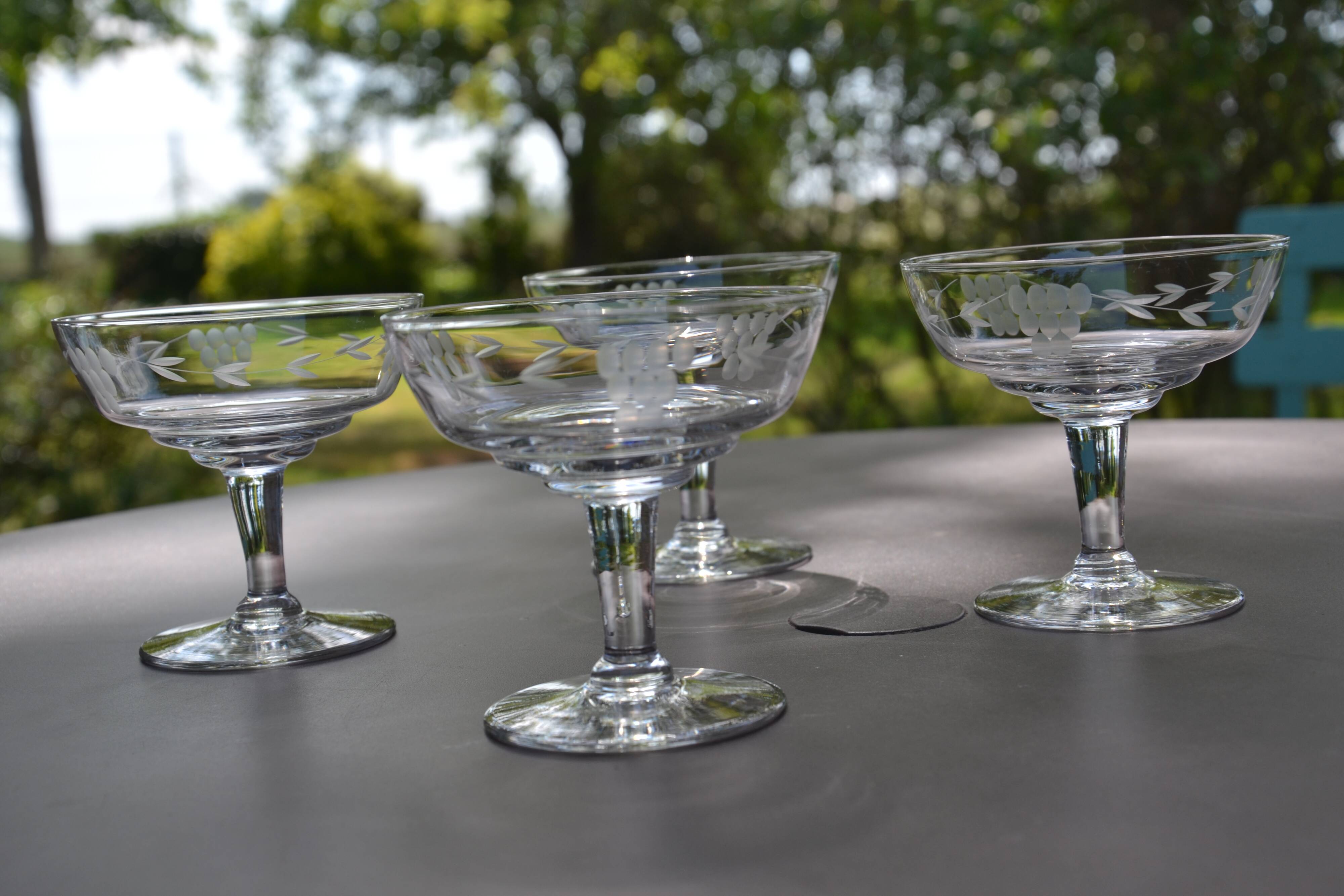 4 original antique champagne glasses in Belgian engraved glass