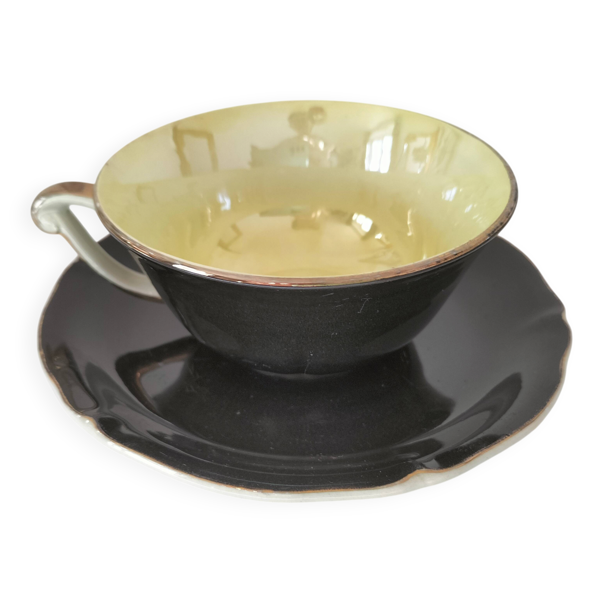Large black, yellow iridescent and white Art Deco Saint-Amand cup.