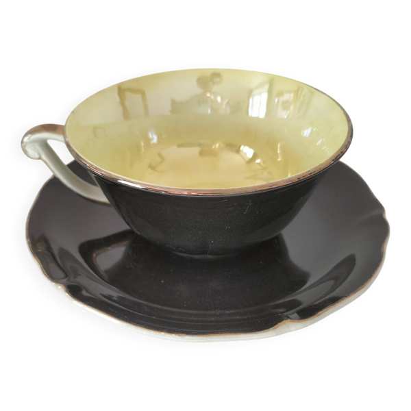 Grande tasse Saint-Amand noire jaune irisé et blanc Art déco