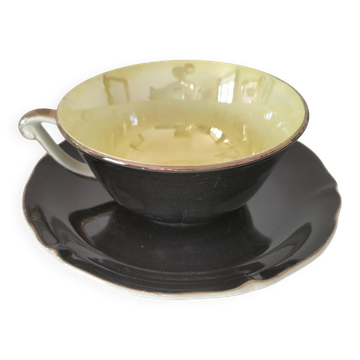 Large black, yellow iridescent and white Art Deco Saint-Amand cup.