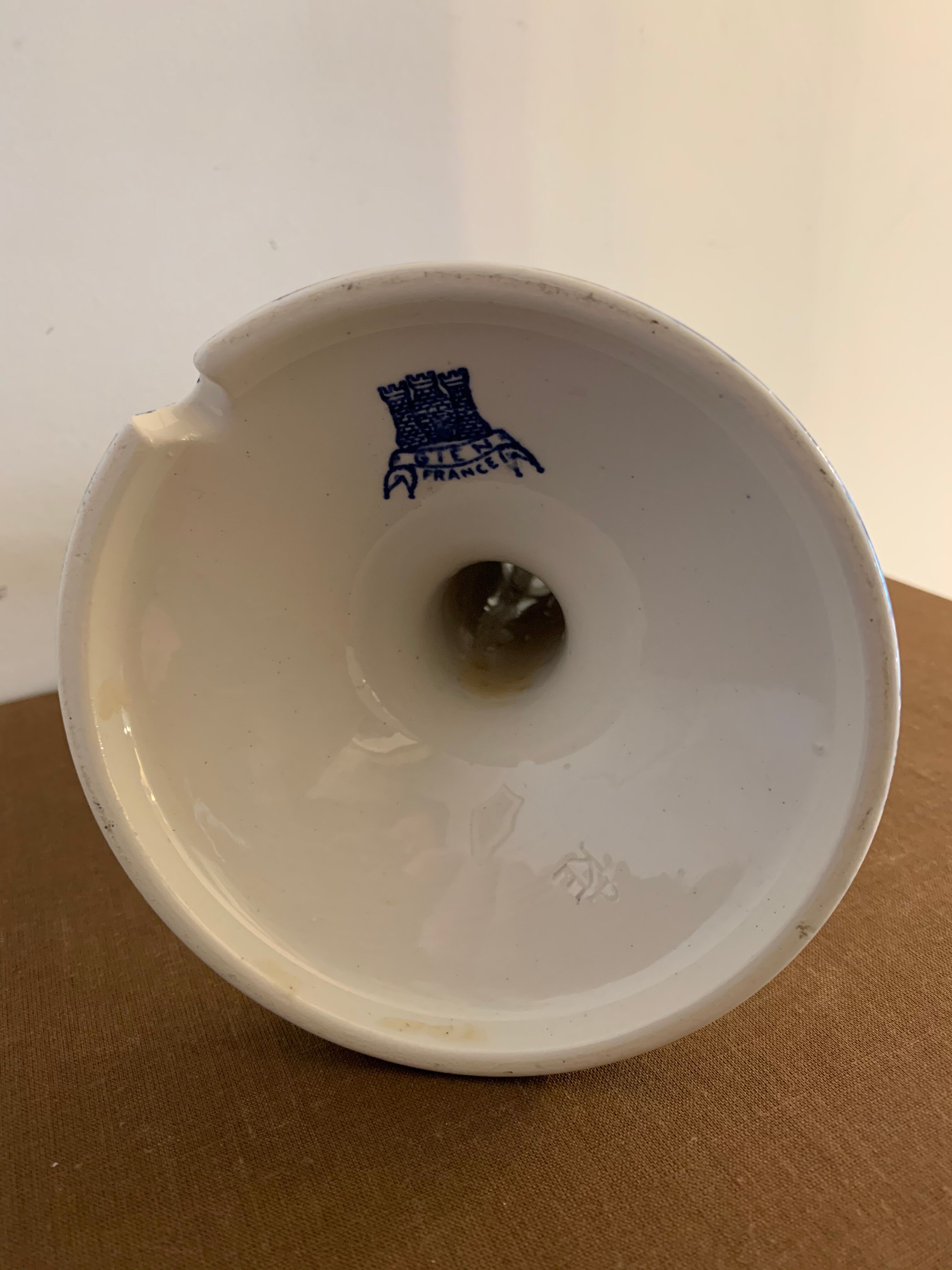 Pair of old candlesticks in blue and white earthenware Gien 1950