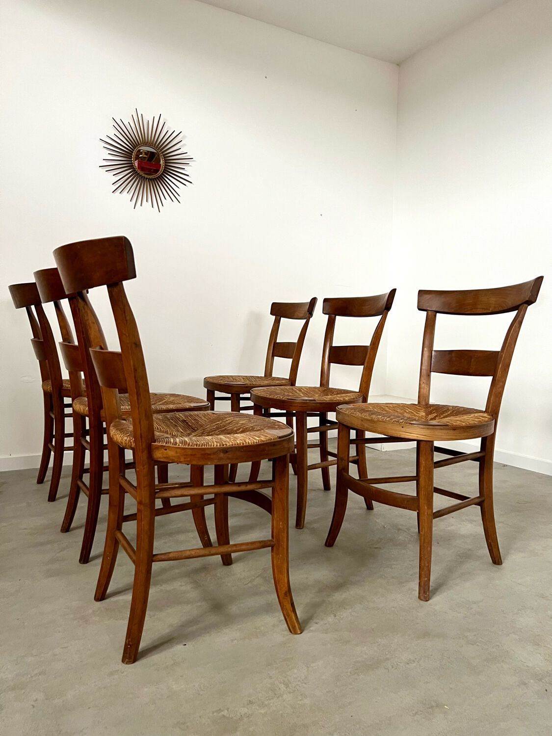 Lot de 6 chaises de ferme rustique début XX eme en bois / bistrot