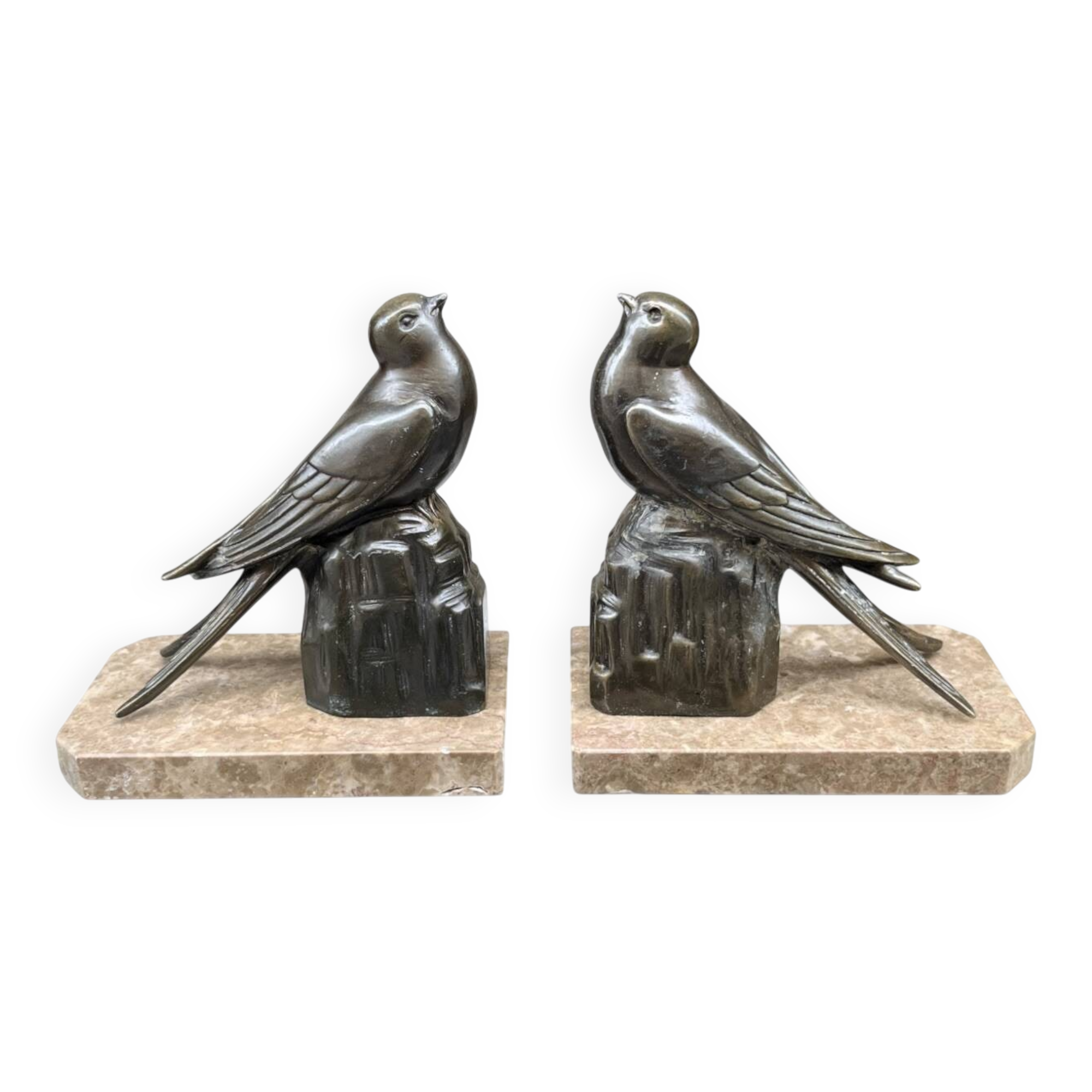 Serre-livres Art Déco oiseaux en marbre et métal bronze
