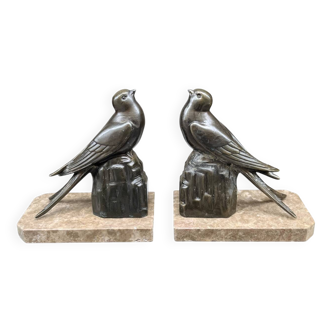 Serre-livres Art Déco oiseaux en marbre et métal bronze