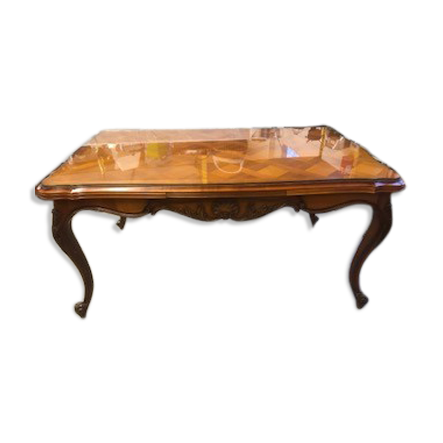 Merisier branded table with glass tray and 2 integrated sliding extension slags