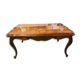 Table en merisier marqueté avec plateau verre et 2 rallonges intégrées coulissante