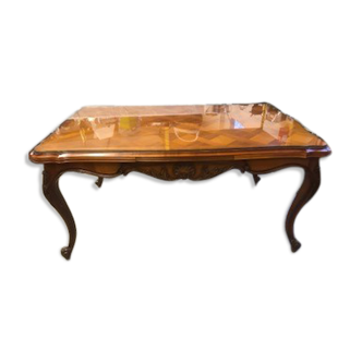 Table en merisier marqueté avec plateau verre et 2 rallonges intégrées coulissante