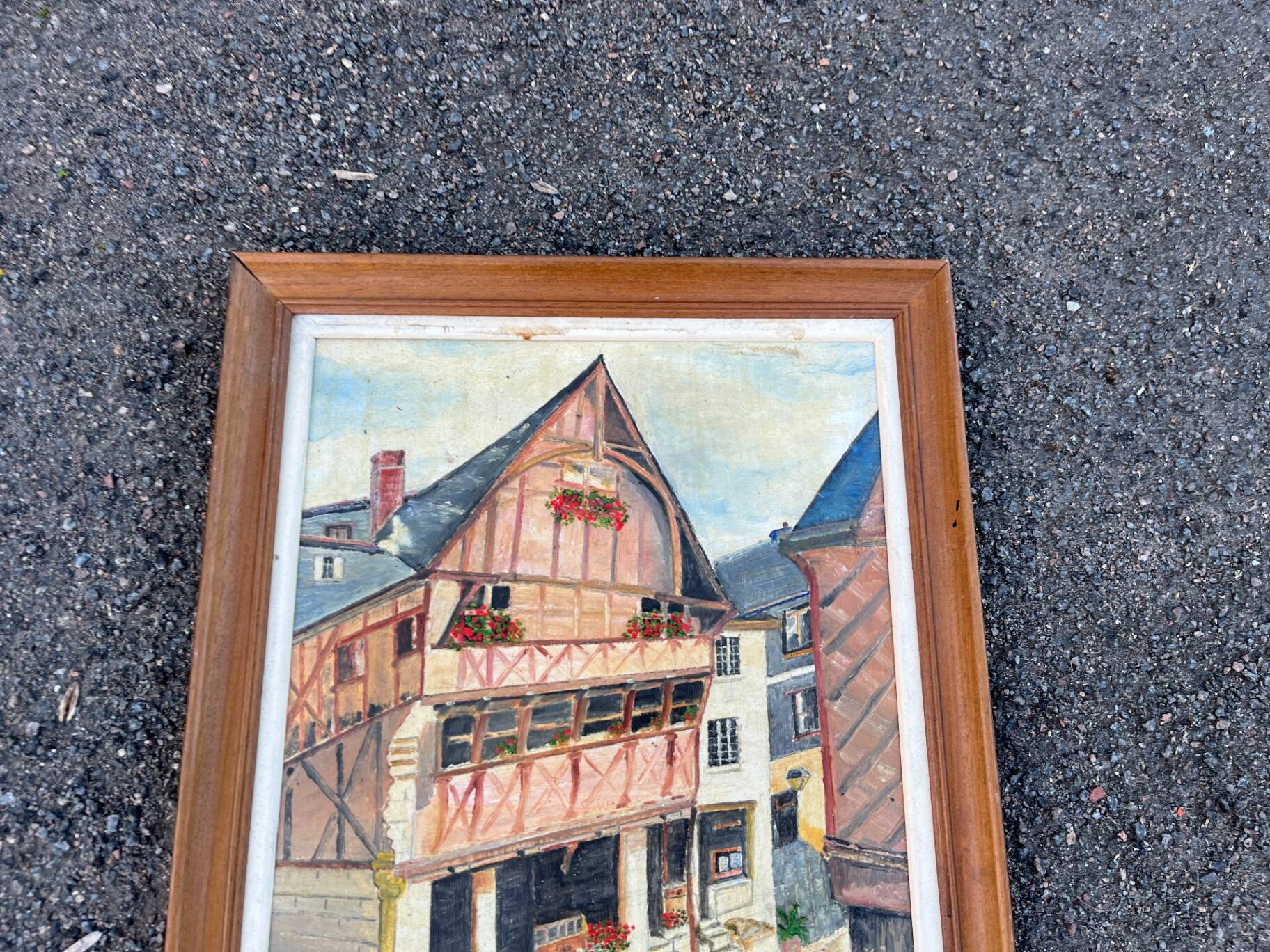 Oil table house half-timbered cobbled street - Breton Norman village