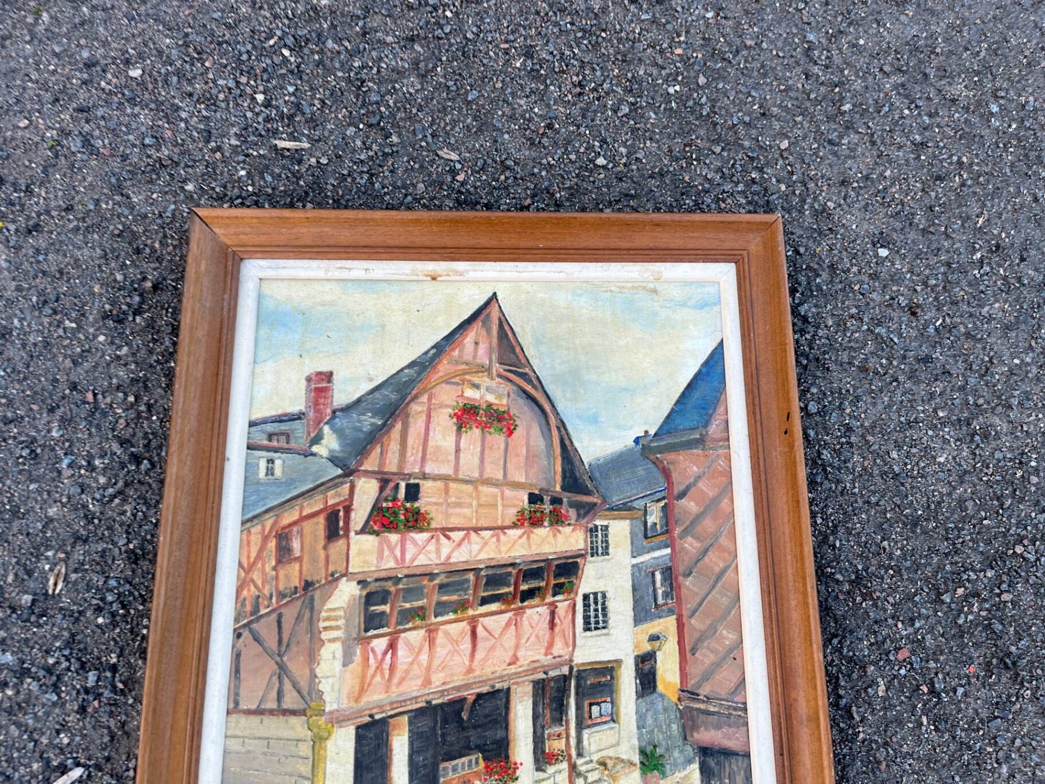 Oil table house half-timbered cobbled street - Breton Norman village