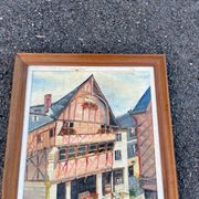 Oil table house half-timbered cobbled street - Breton Norman village