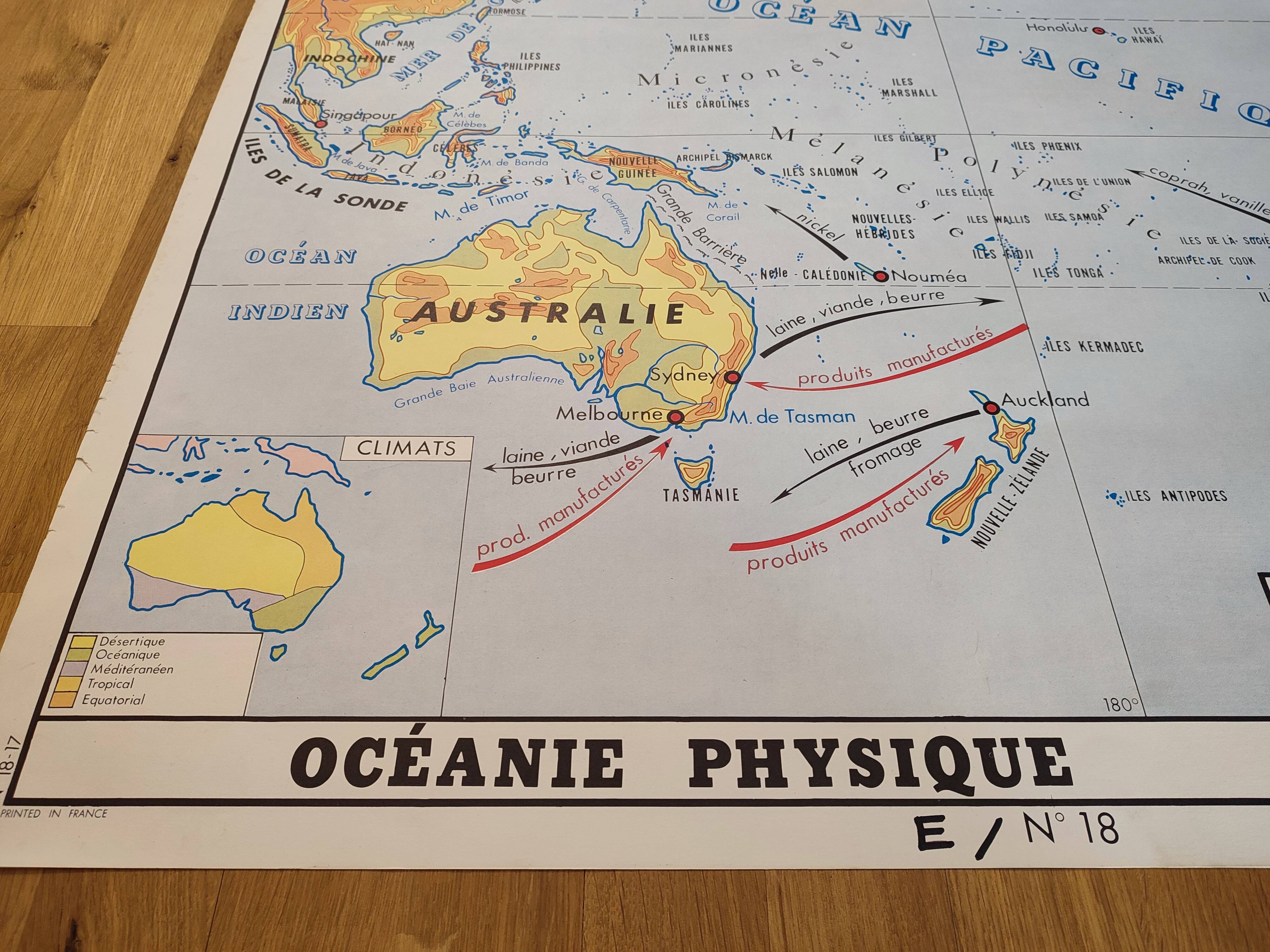 Carte scolaire ancienne Amérique du sud Brésil  2em face Australie, Océan Pacifique