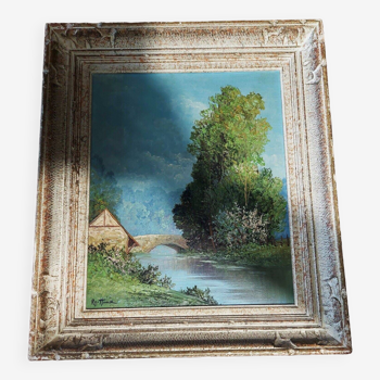 Tableau peinture huile sur toile paysage normandie XXème signature