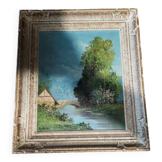 Tableau peinture huile sur toile paysage normandie XXème signature