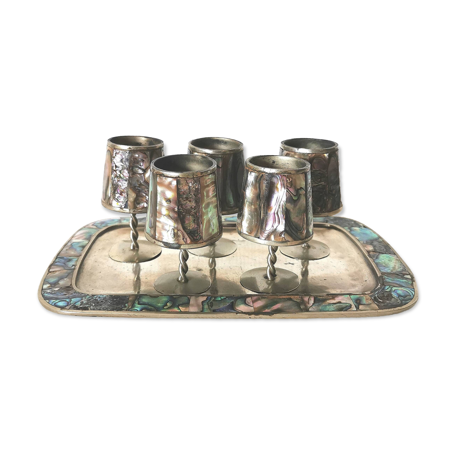 digestive service, glass and tray in silver metal Mexican abalone