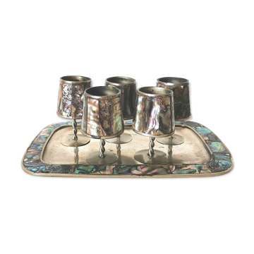 digestive service, glass and tray in silver metal Mexican abalone