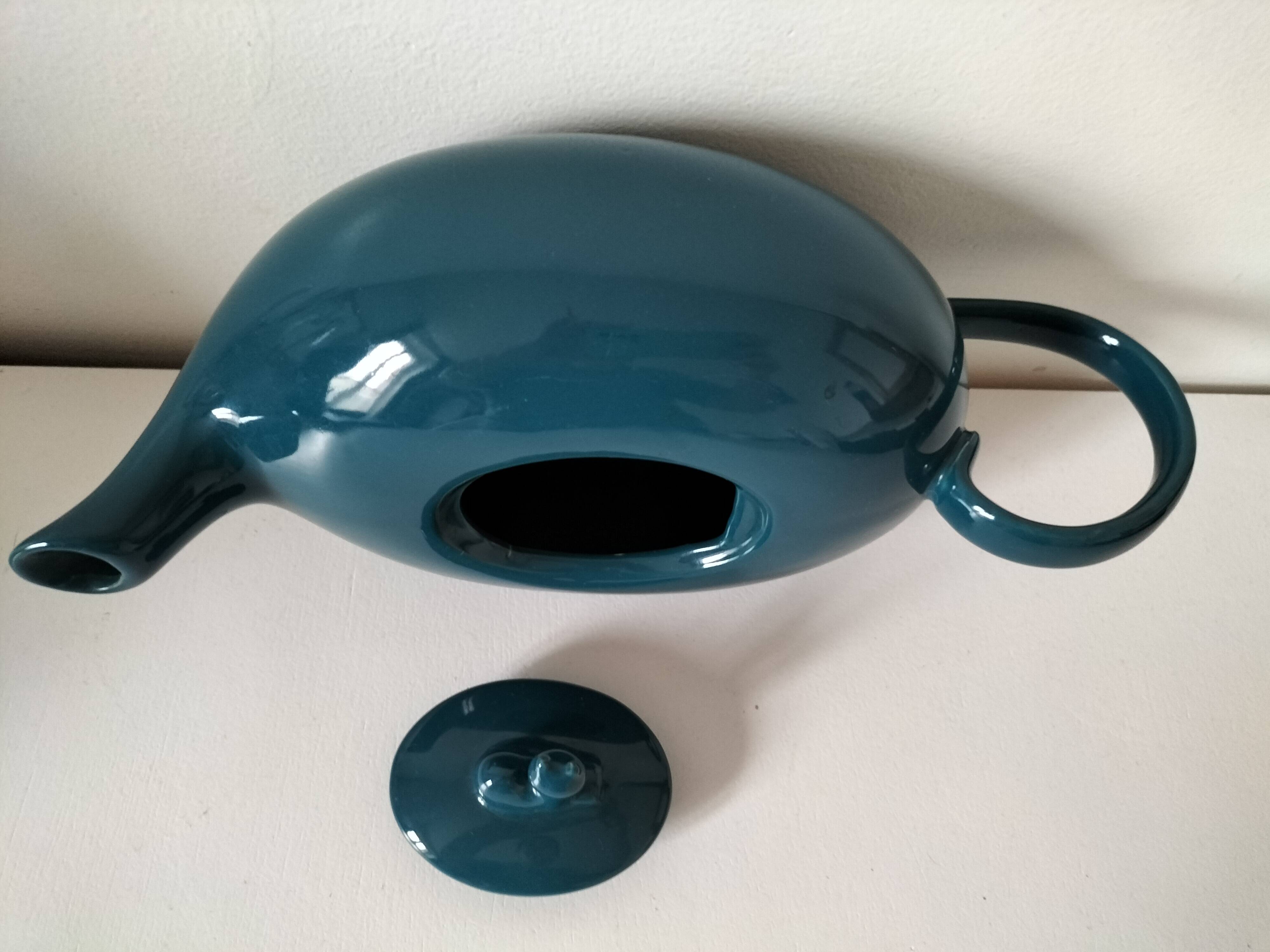 Vintage design teapot – cat model – duck blue glazed ceramic