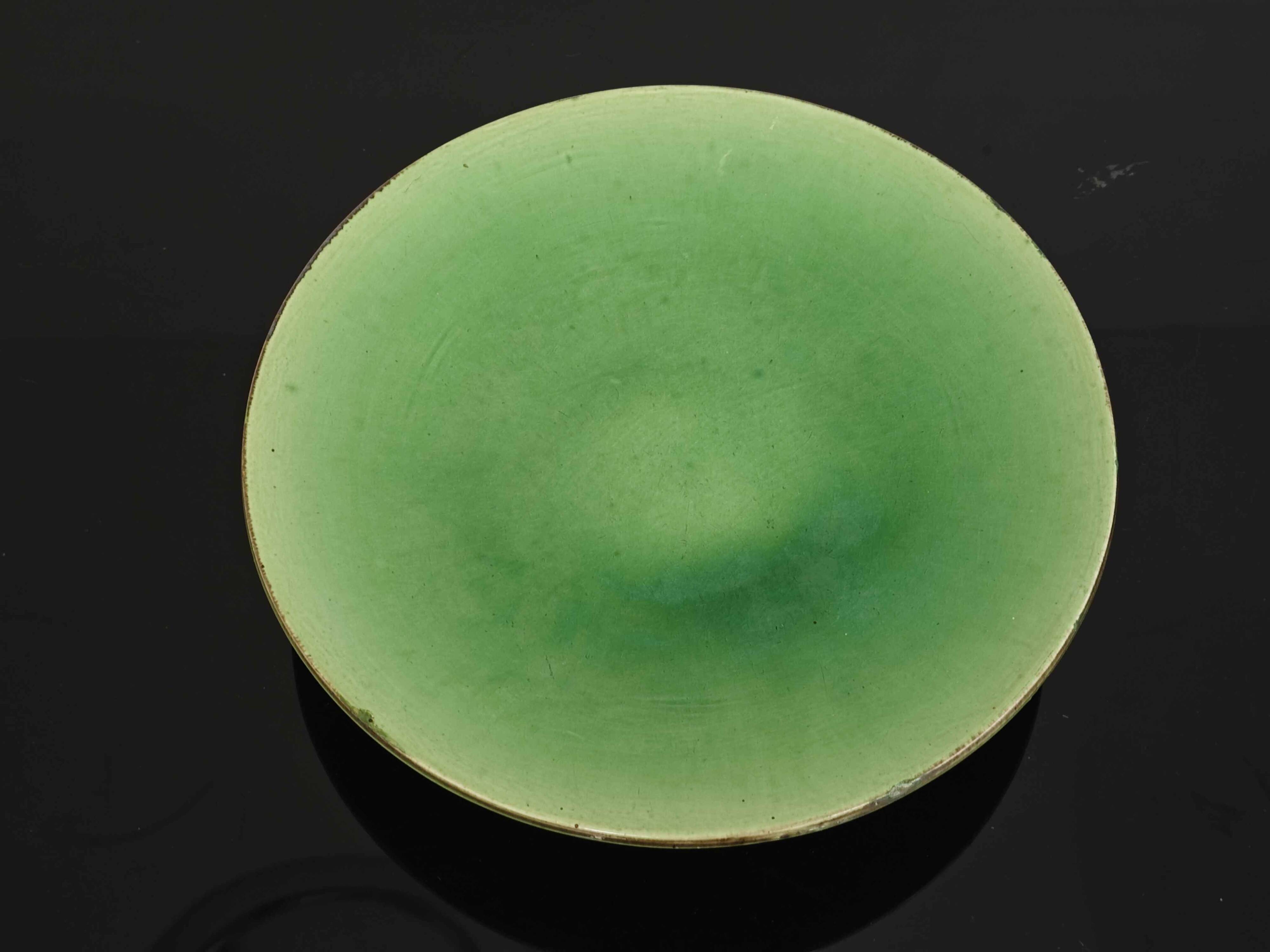 Vintage 50s-60s dish in green enamelled terracotta