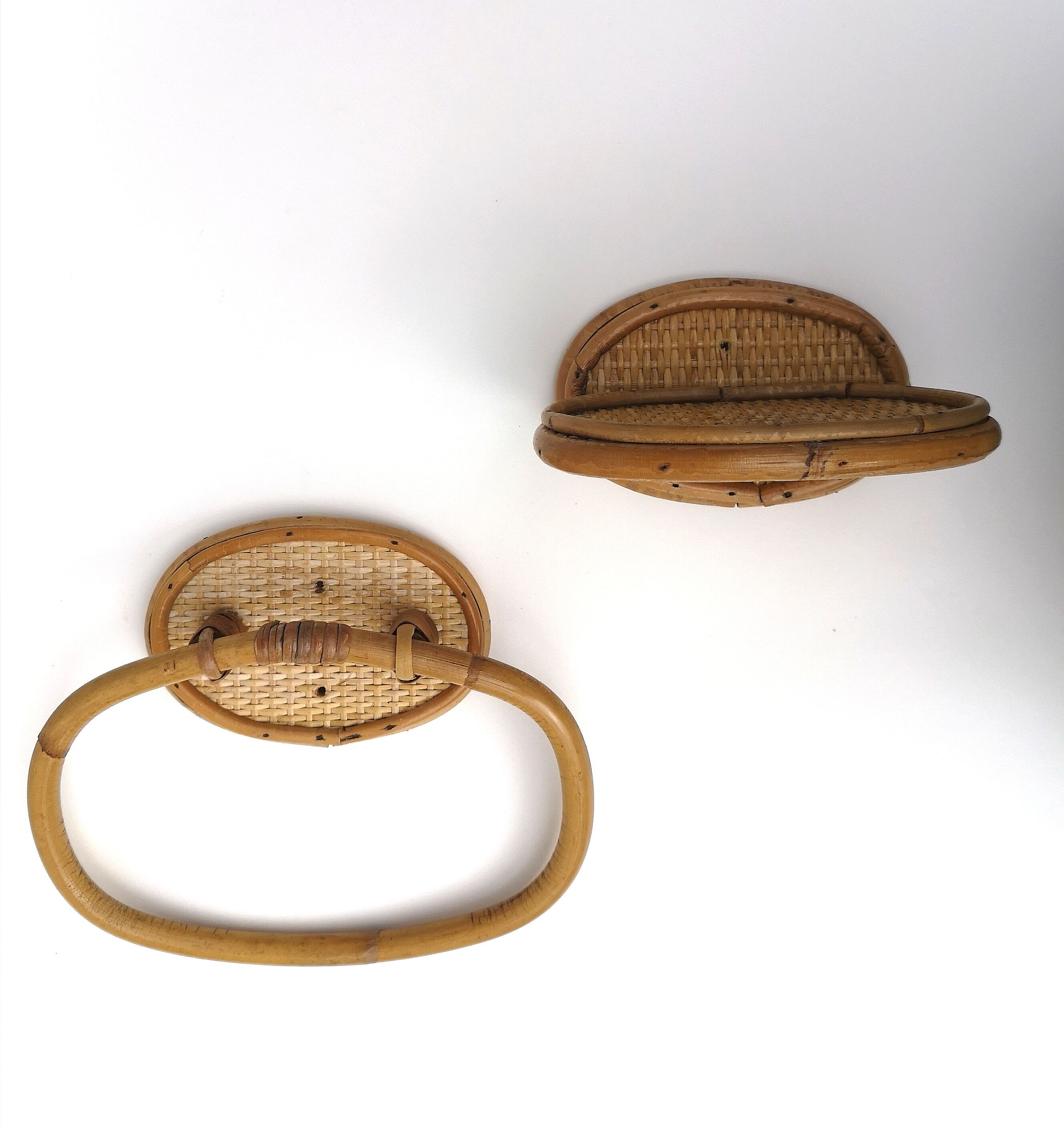 Vintage rattan towel rack and shelf