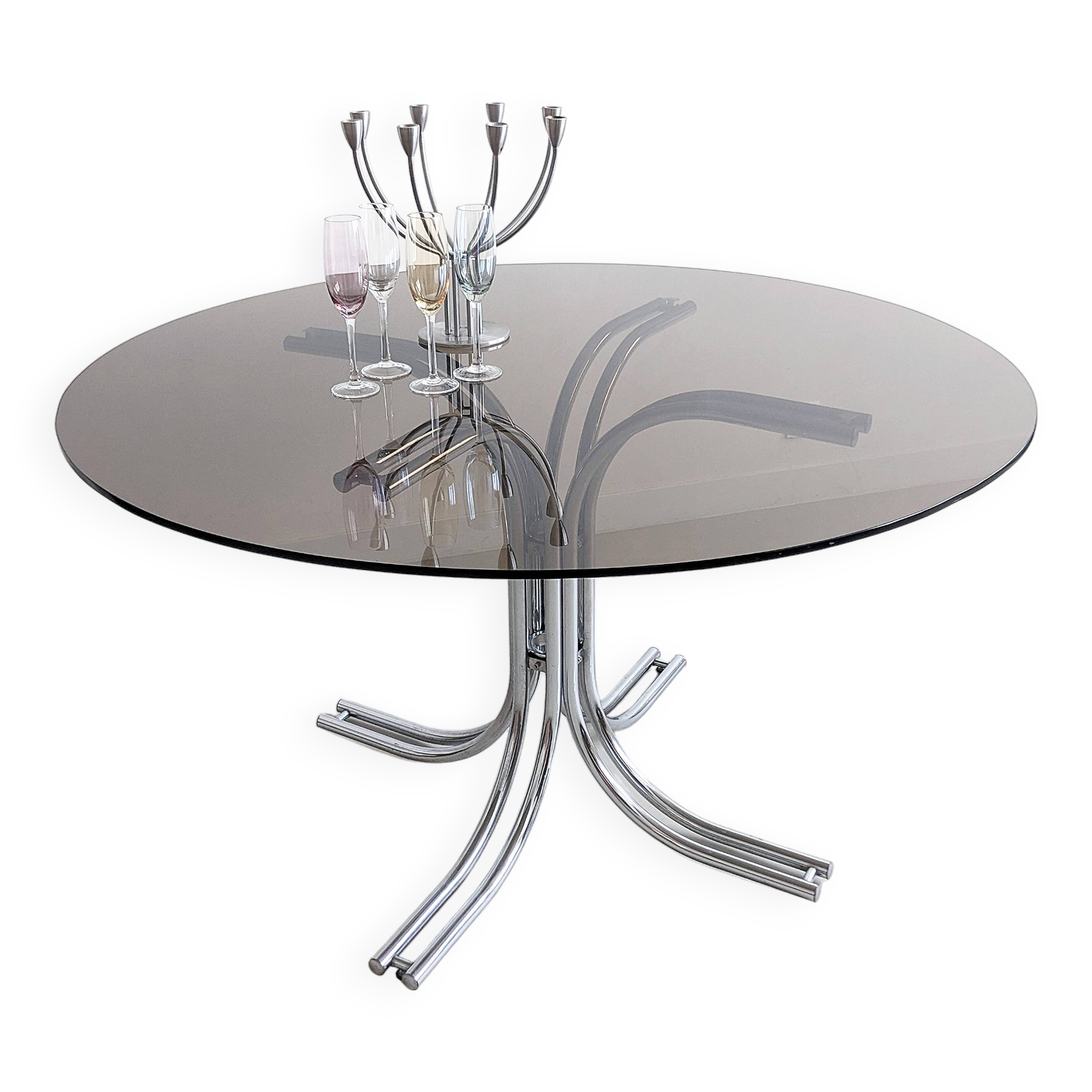 Italian Chrome & Smoked Glass Dining Table 1970's
