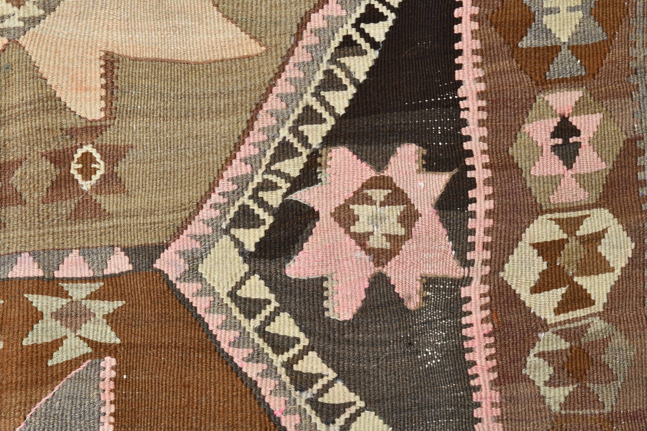 140x380Cm Brown & Grey Kilim Rug, Handmade Wool Area Rug, Stair Rug,
