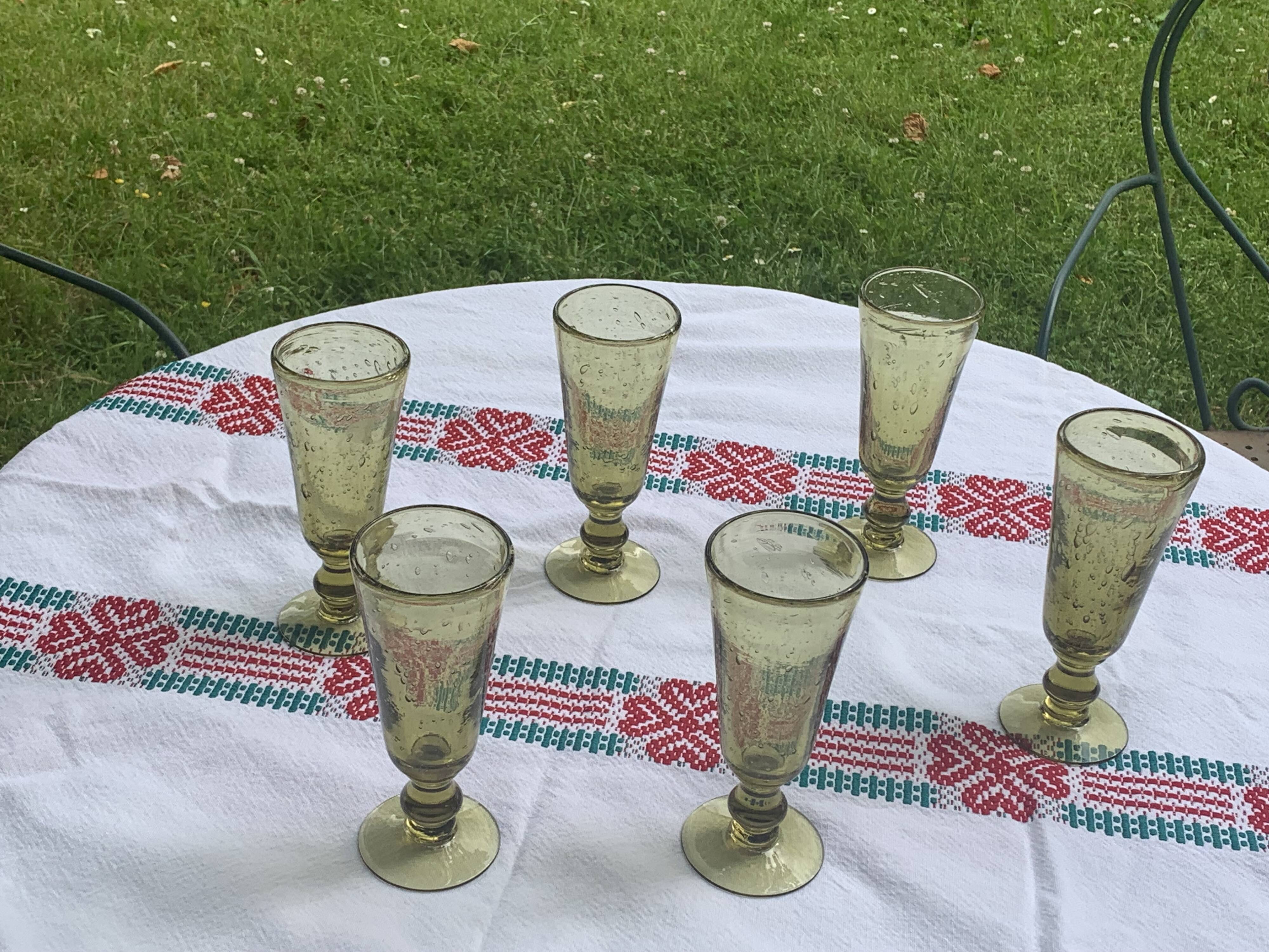 6 champagne flutes, cocktail glass, La Rochere glassware, hand-blown green glass