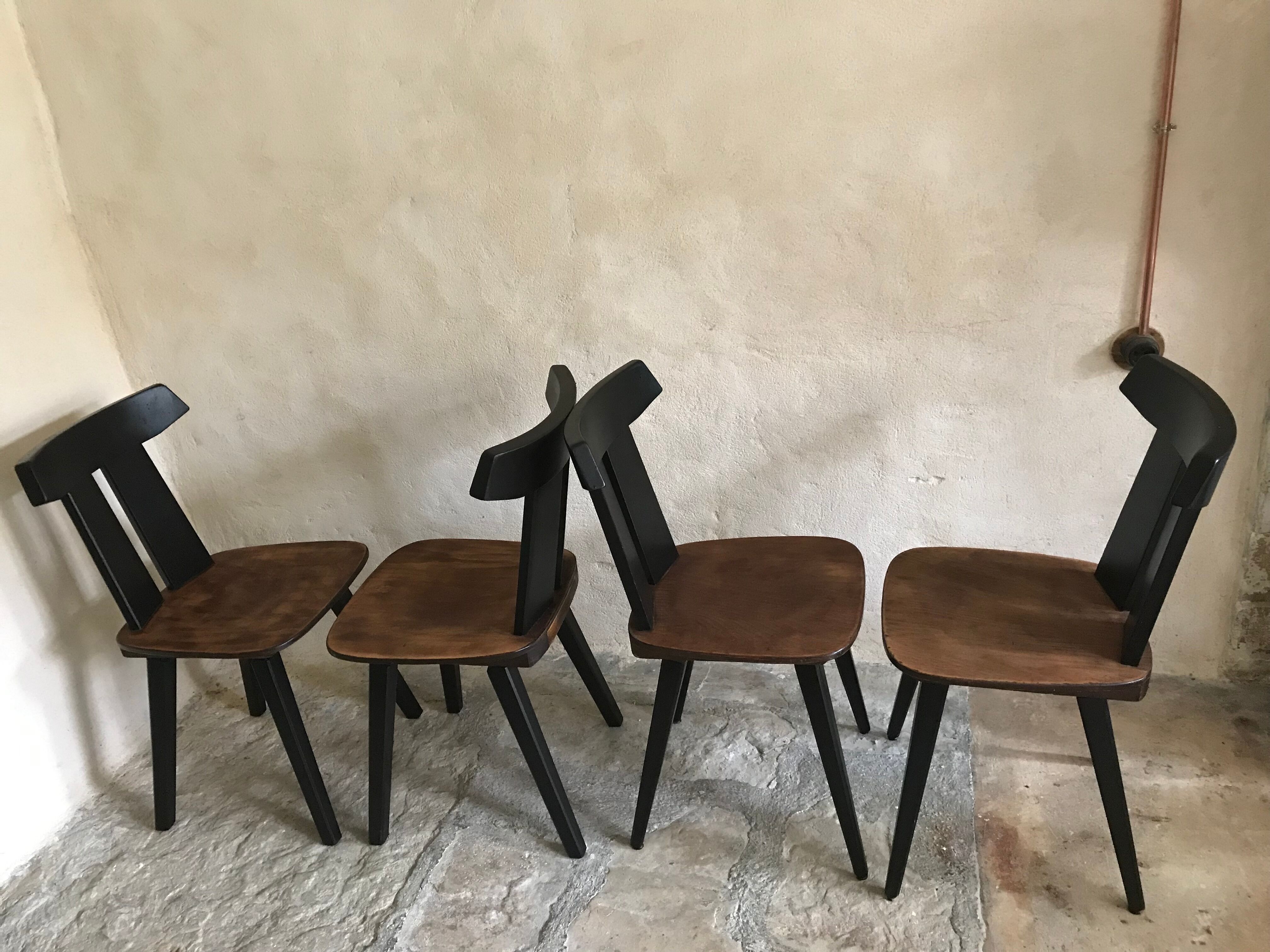 Set of 4 vintage brutalist chairs in beech 1960's