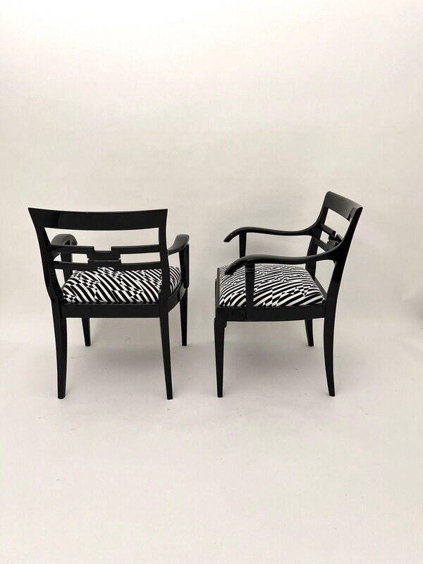 Art Deco Armchairs in Black Lacquer and Black-Creme Fabric, 1925