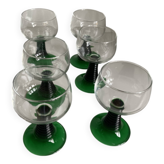6 Vintage Green Wavy Stemmed Glasses