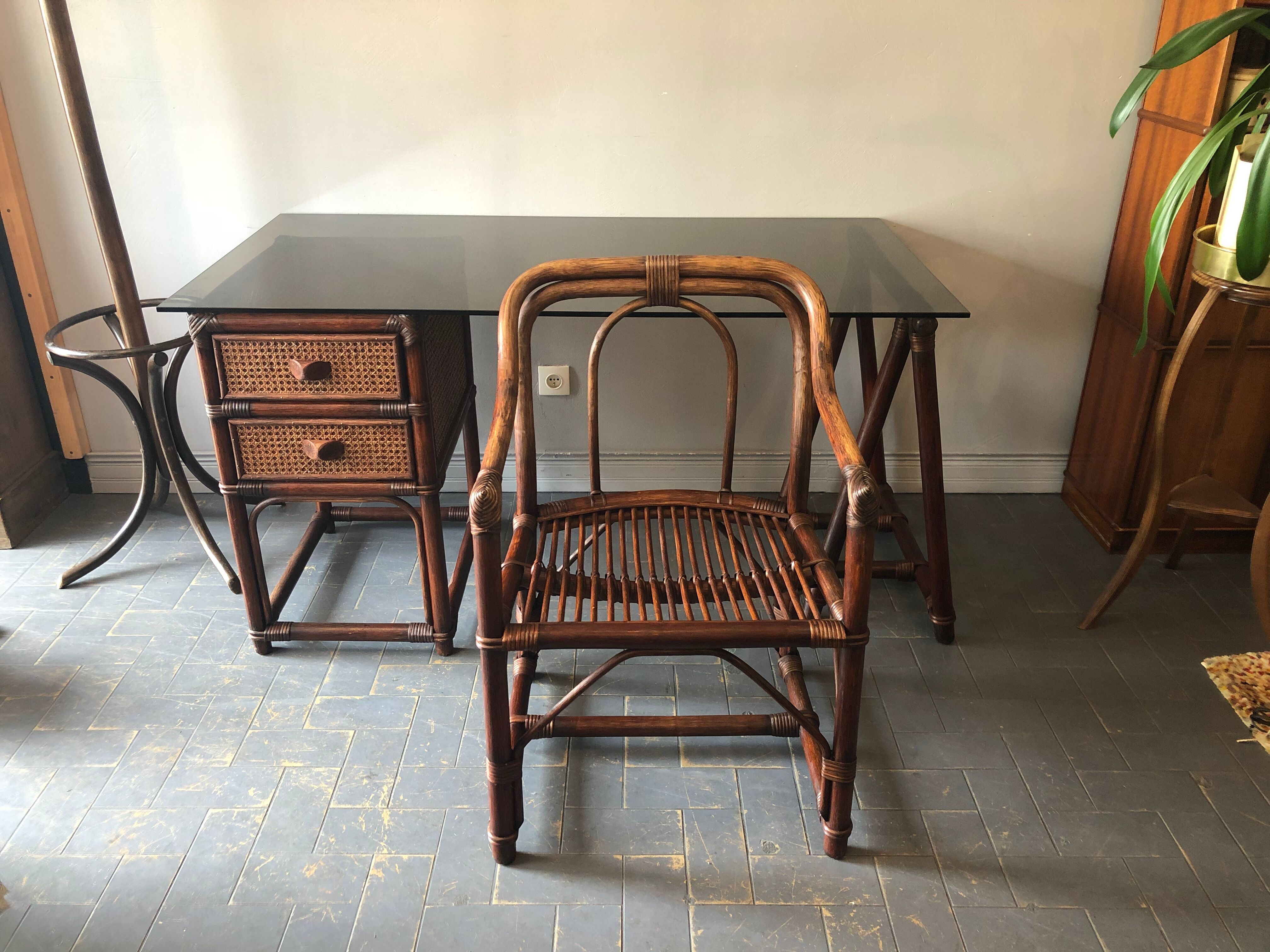 Bamboo desk and armchair, rattan 70s/80s