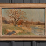 Oil on panel by Félix Labbé XXth riverside ceruse frame