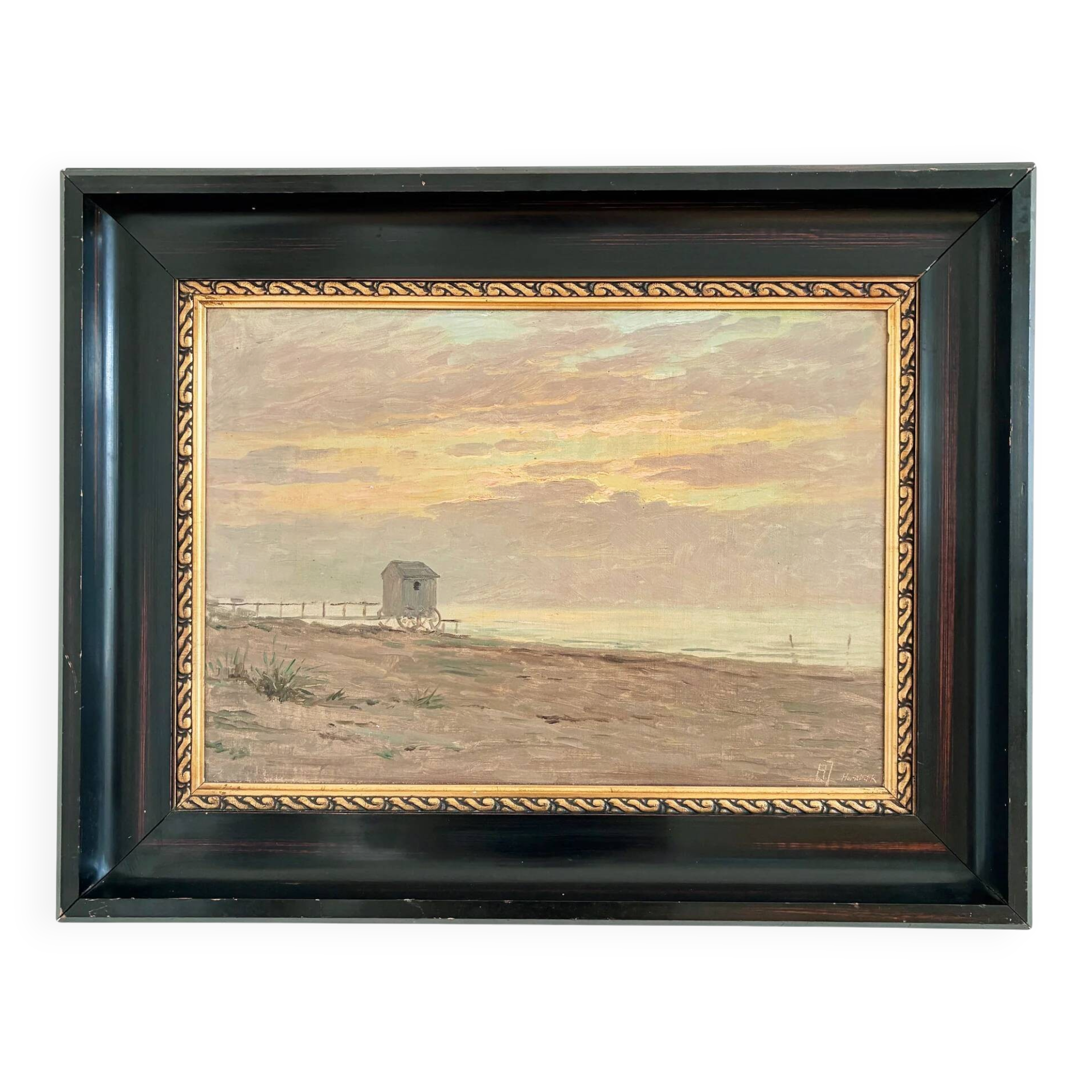 Vintage original seascape oil painting, signed beachside art