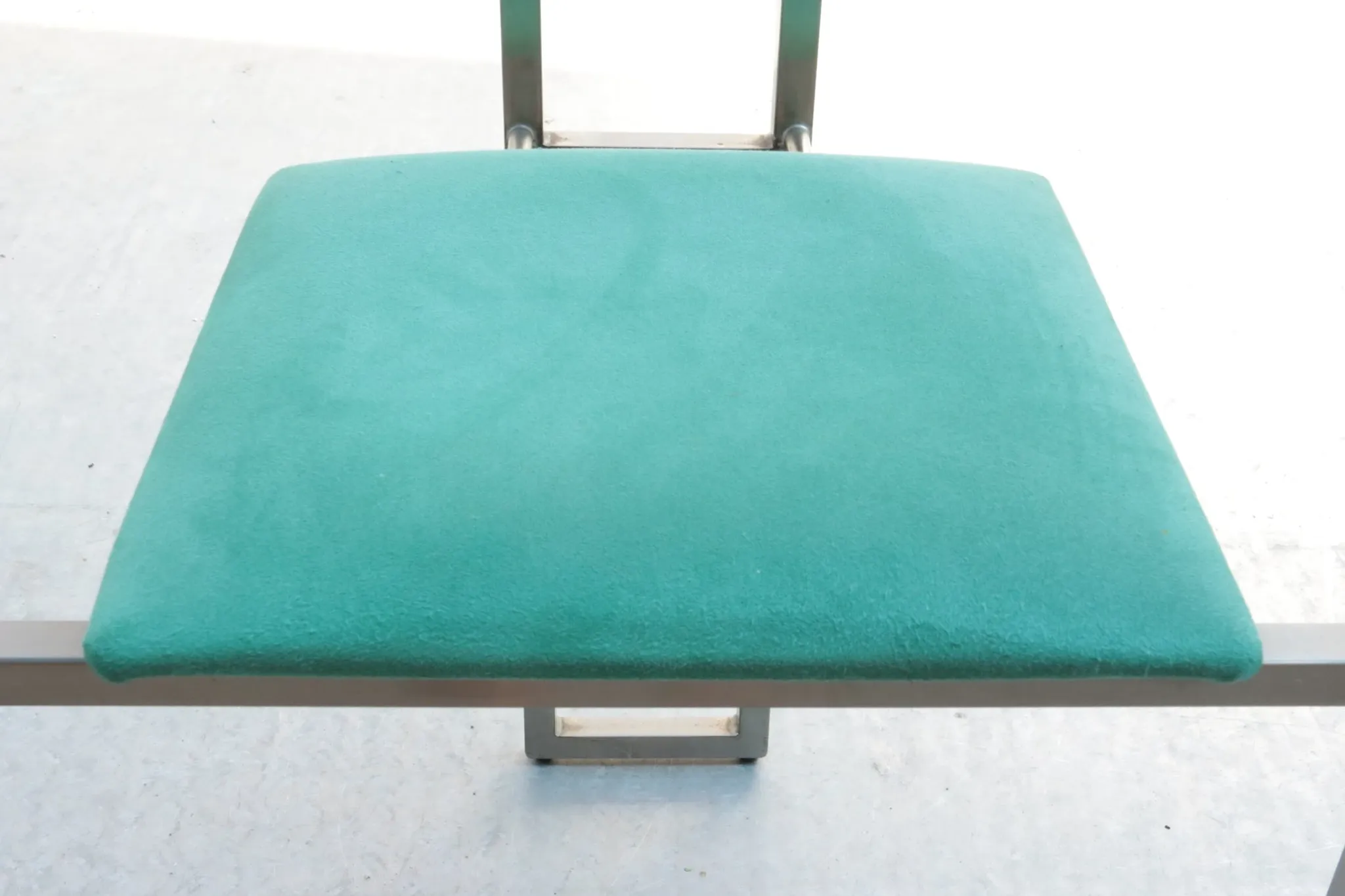 Pair of Memphis style Belgo Chrom chairs, steel and green velvet, 1980s