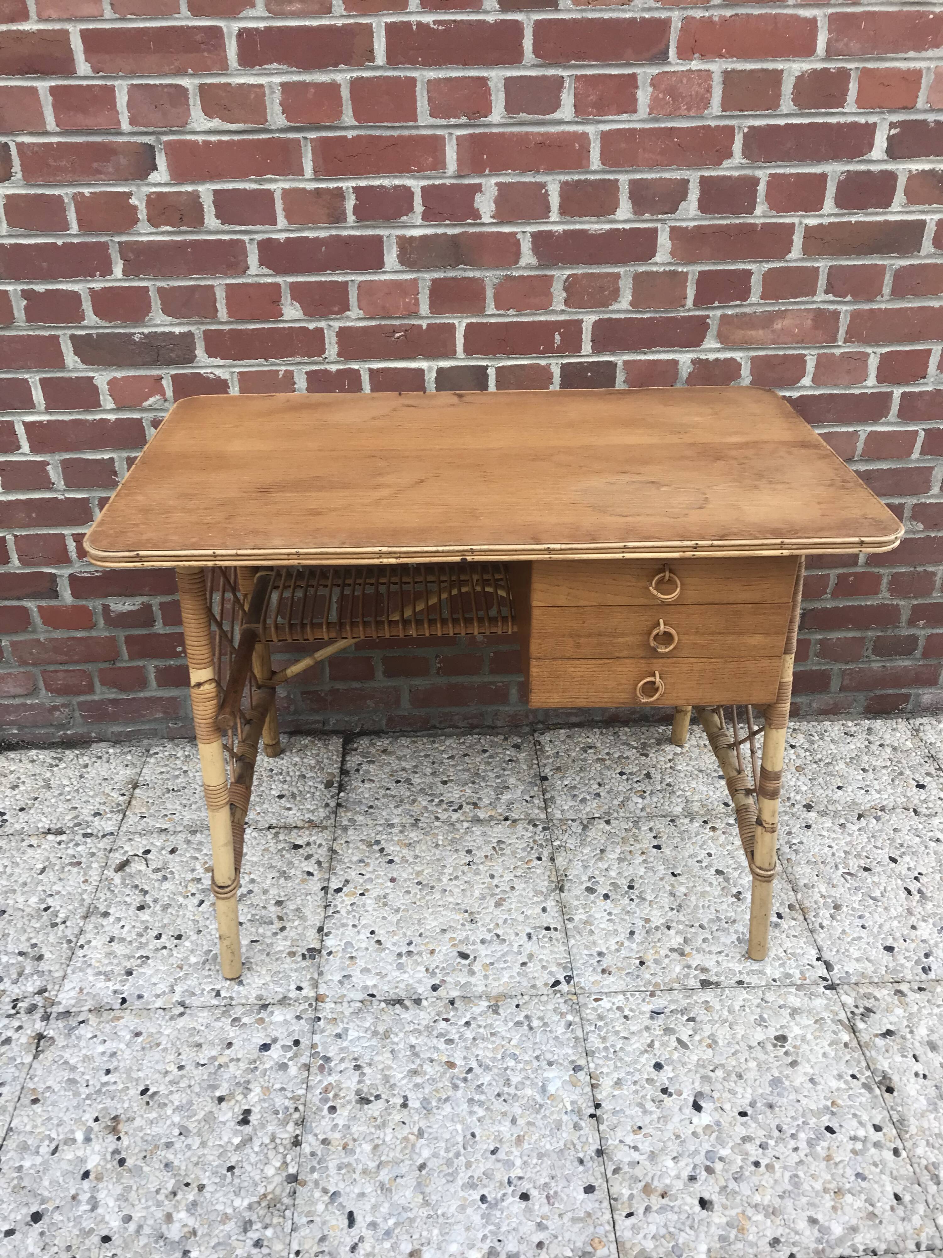 Vintage desk with 3 rattan drawers by Louis Sognot 1960