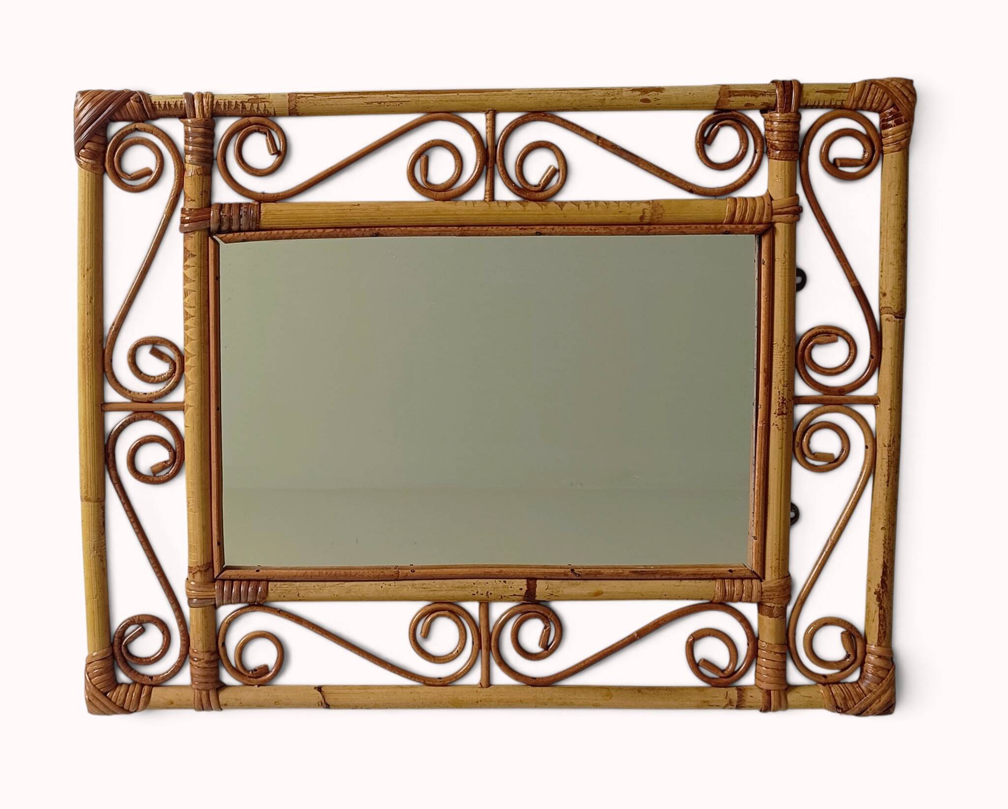 Vintage 1970s Spanish Handmade Bamboo and Rattan Wall Mirror