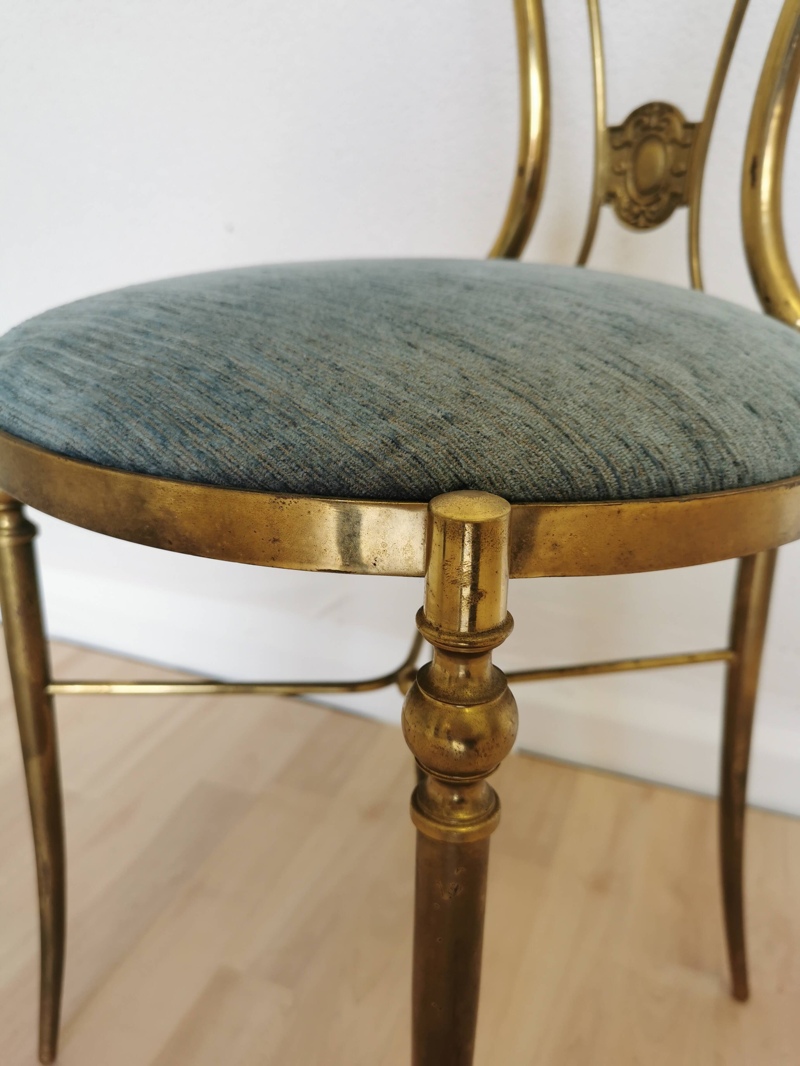 Vintage Paolo Buffa Brass Vanity Chair: Chiavari Style, Blue Fabric, 1950s