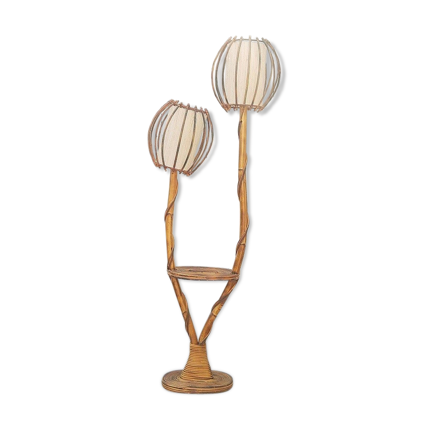 Rattan lamppost, 2 lights and tablet, vintage