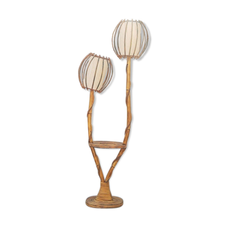 Rattan lamppost, 2 lights and tablet, vintage