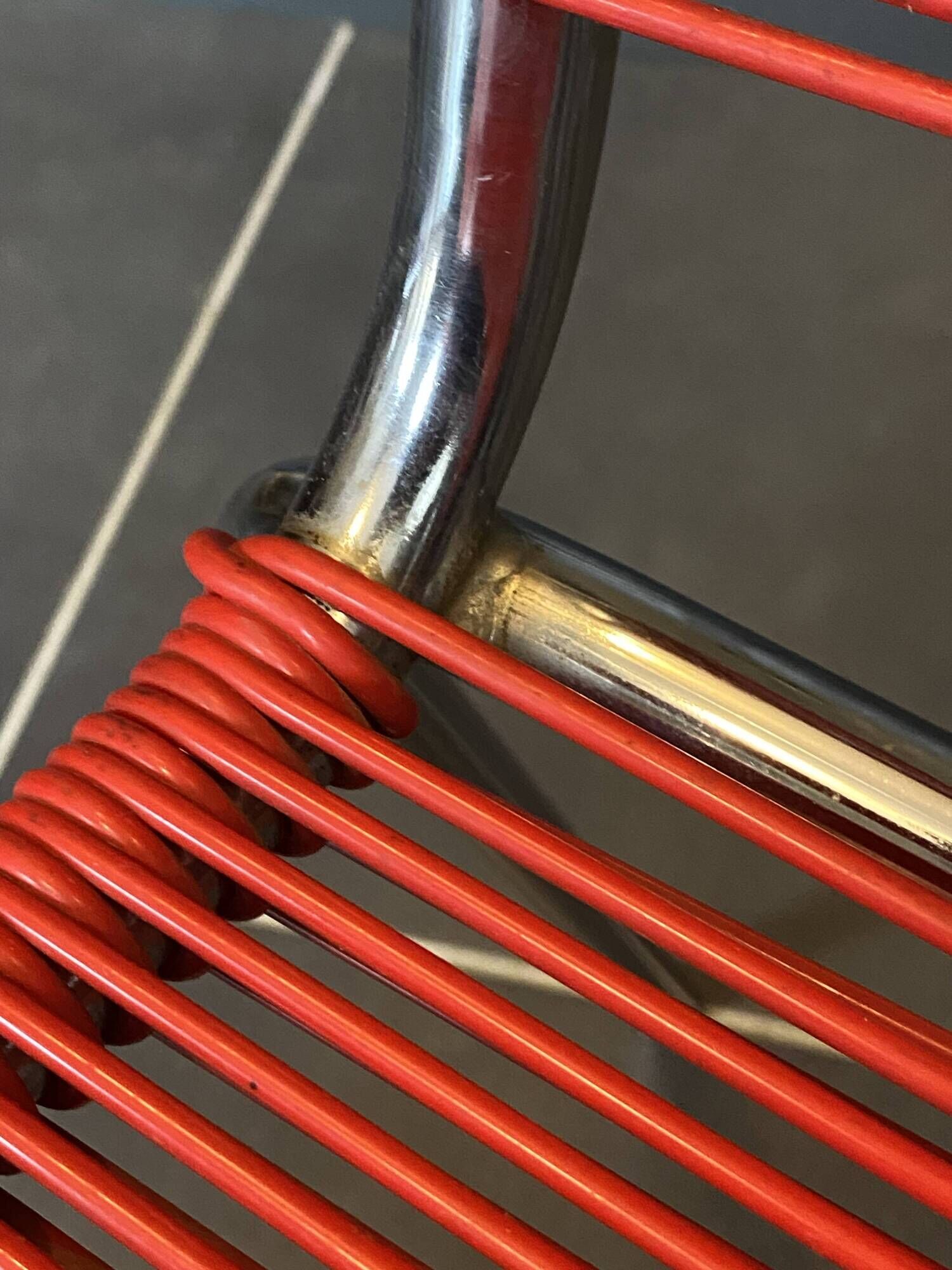 Scoubidou chair or vintage 1960 red chrome spaghetti chair