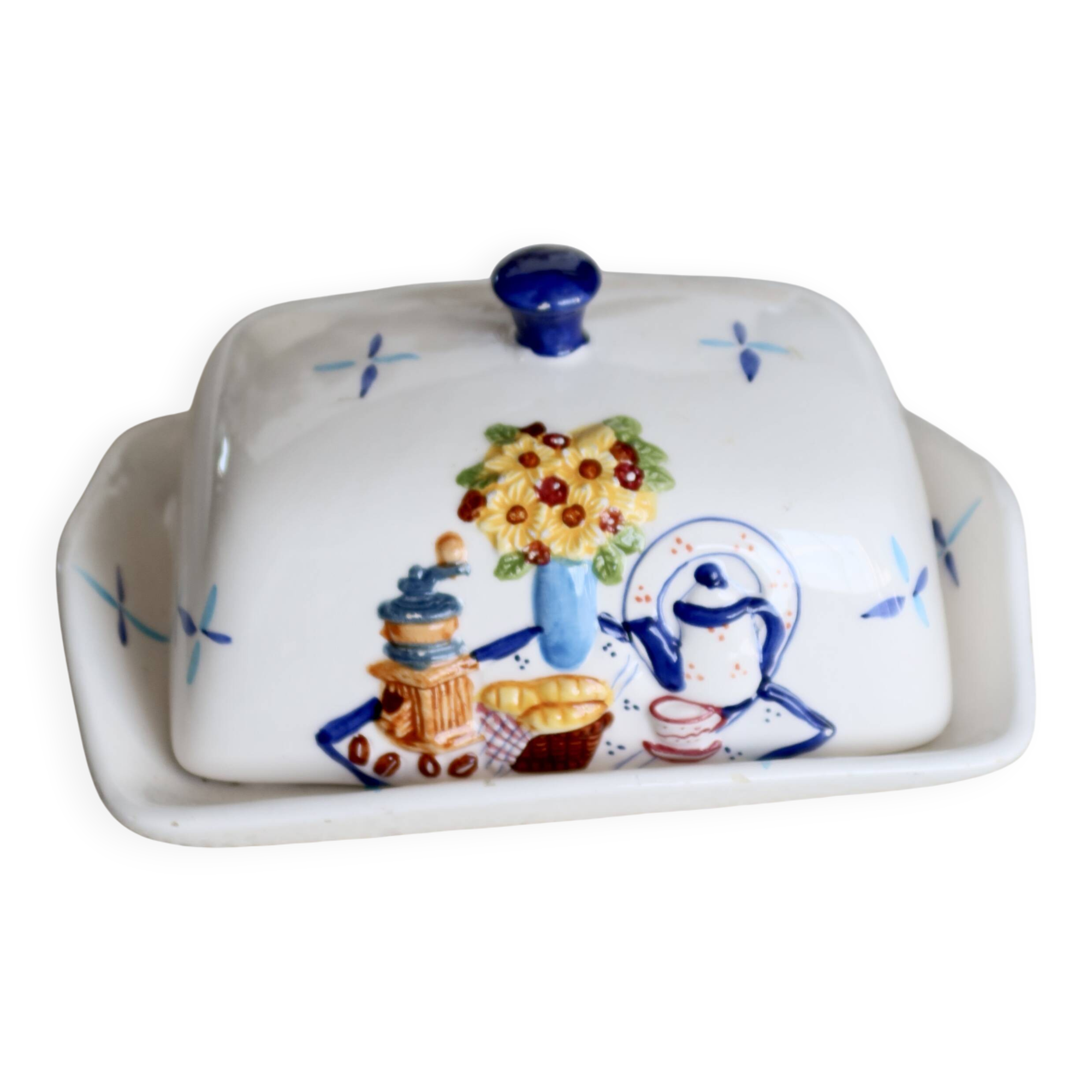 Vintage earthenware butter dish - Breakfast barbotine decor