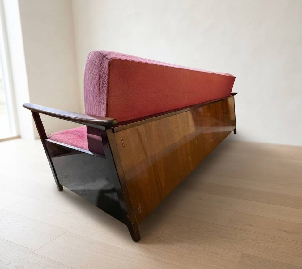 Burgundy folding sofa bed by Edmund Homa, mid-century modern, 1960s, Czechoslovakia, 200 × 88 × 80 cm