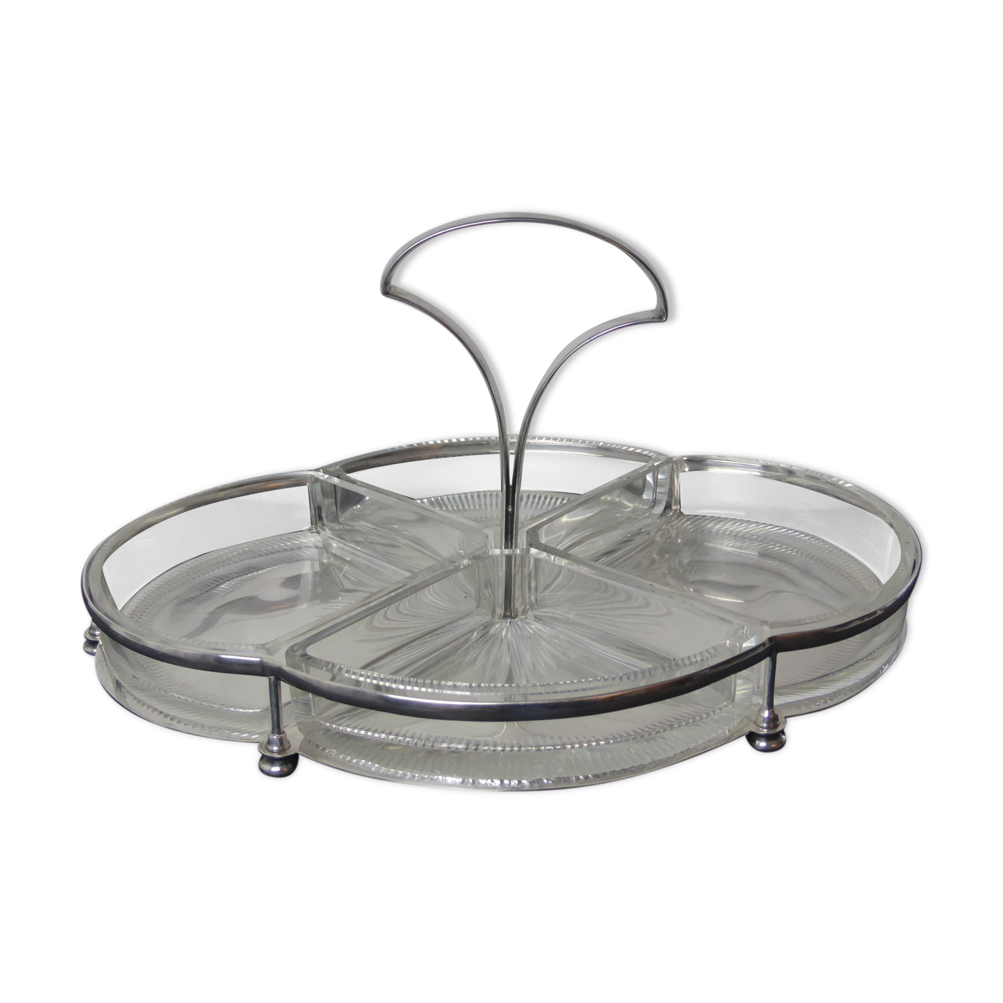 Art deco hors d'oeuvre servant in silver metal+glass-polylobed shape