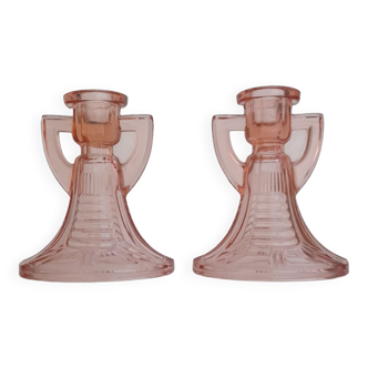 Lot de 2 bougeoirs rose luxval art déco