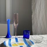 3 large Italian plates with blue stripes and lemons pattern