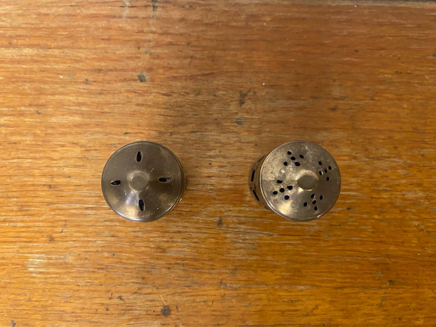 Pair of Antique Silver Metal Salt Cellars + Cobalt Blue Glass Salt and Pepper Shakers