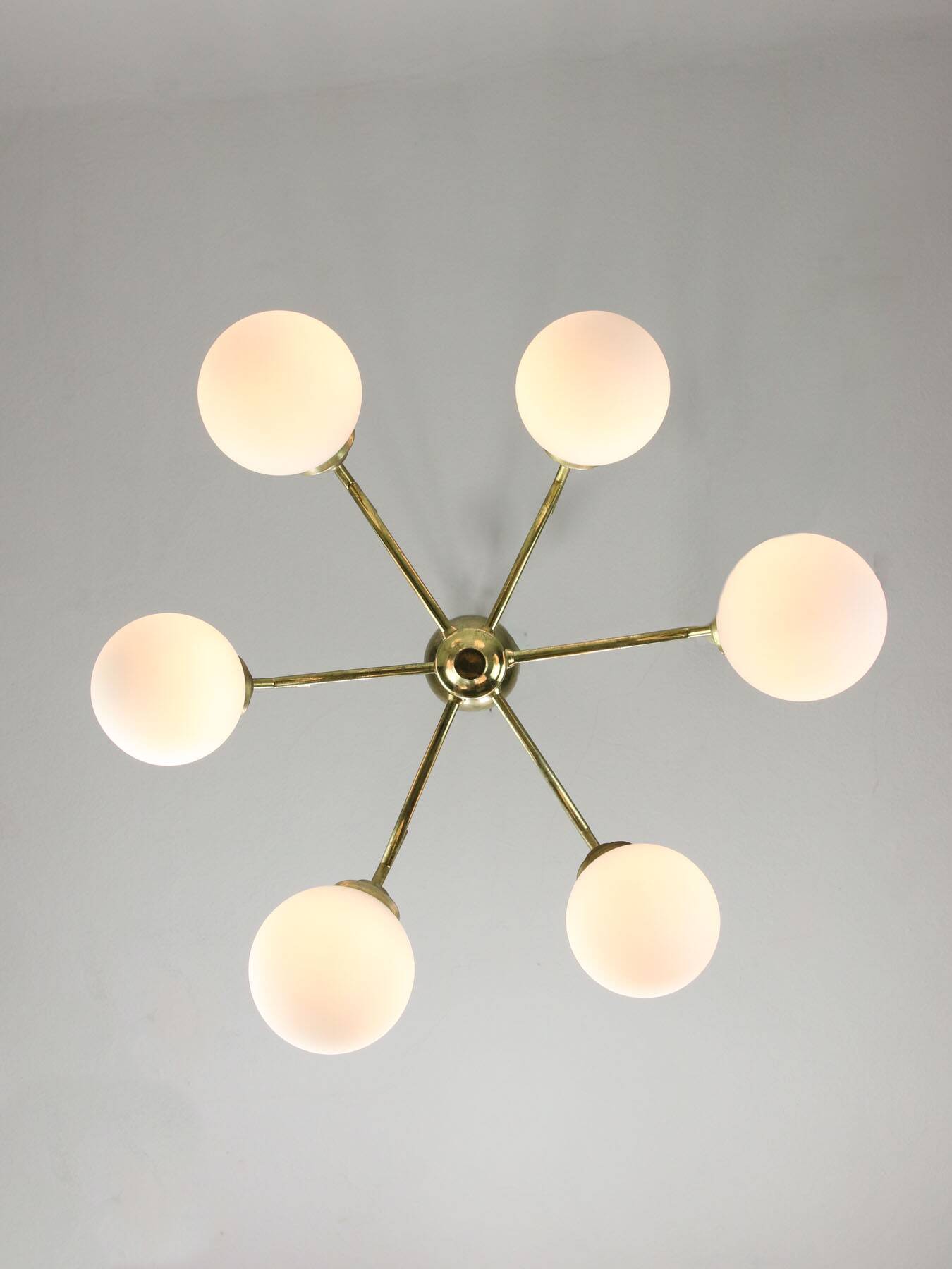 Mid-century Italian Brass and Opaline Chandelier, 50s