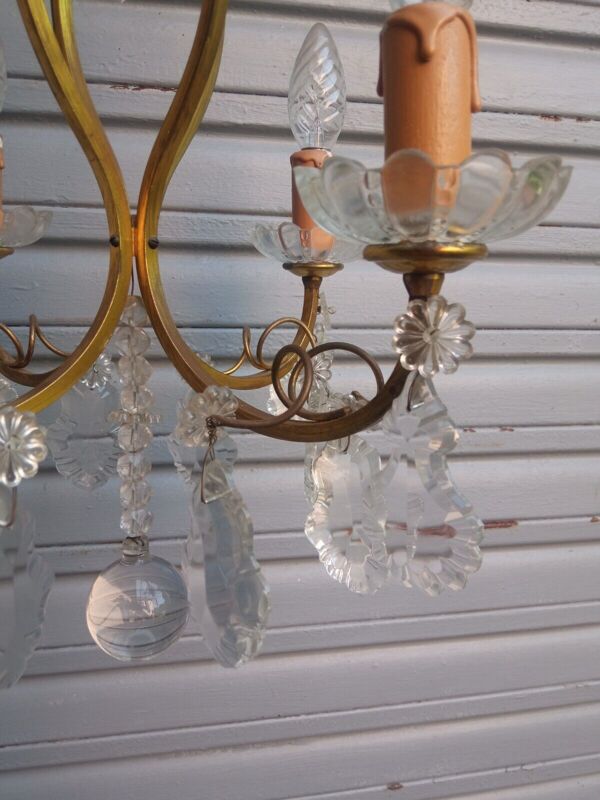 Ancien lustre cage 4 feux à pampilles de cristal
