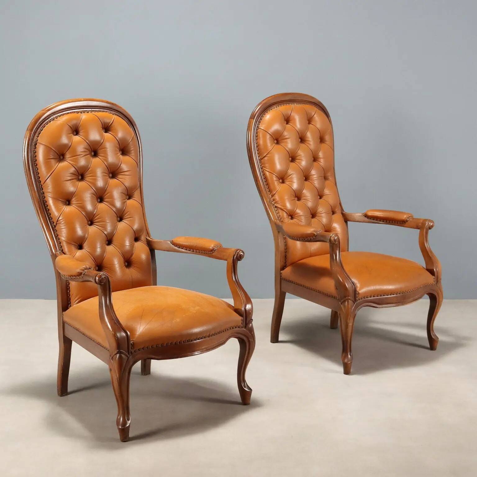 Antique walnut and leather armchairs, Italy, 20th century