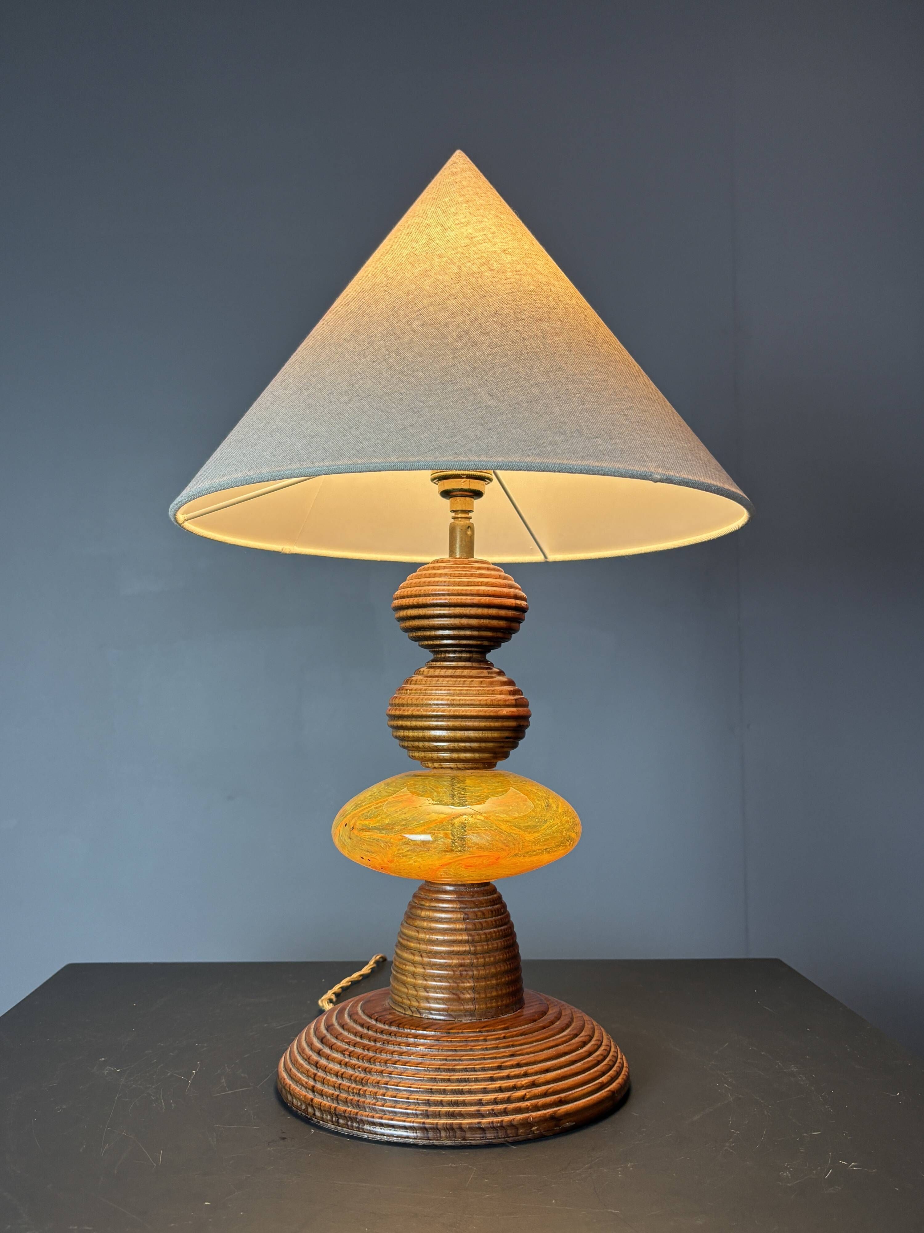 Midcentury wood turned adjustable table lamp with glass sphere, 1970s