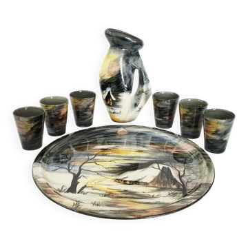 Ensemble 1950 plateau carafe & verres vintage ceramique monaco monacera 50s